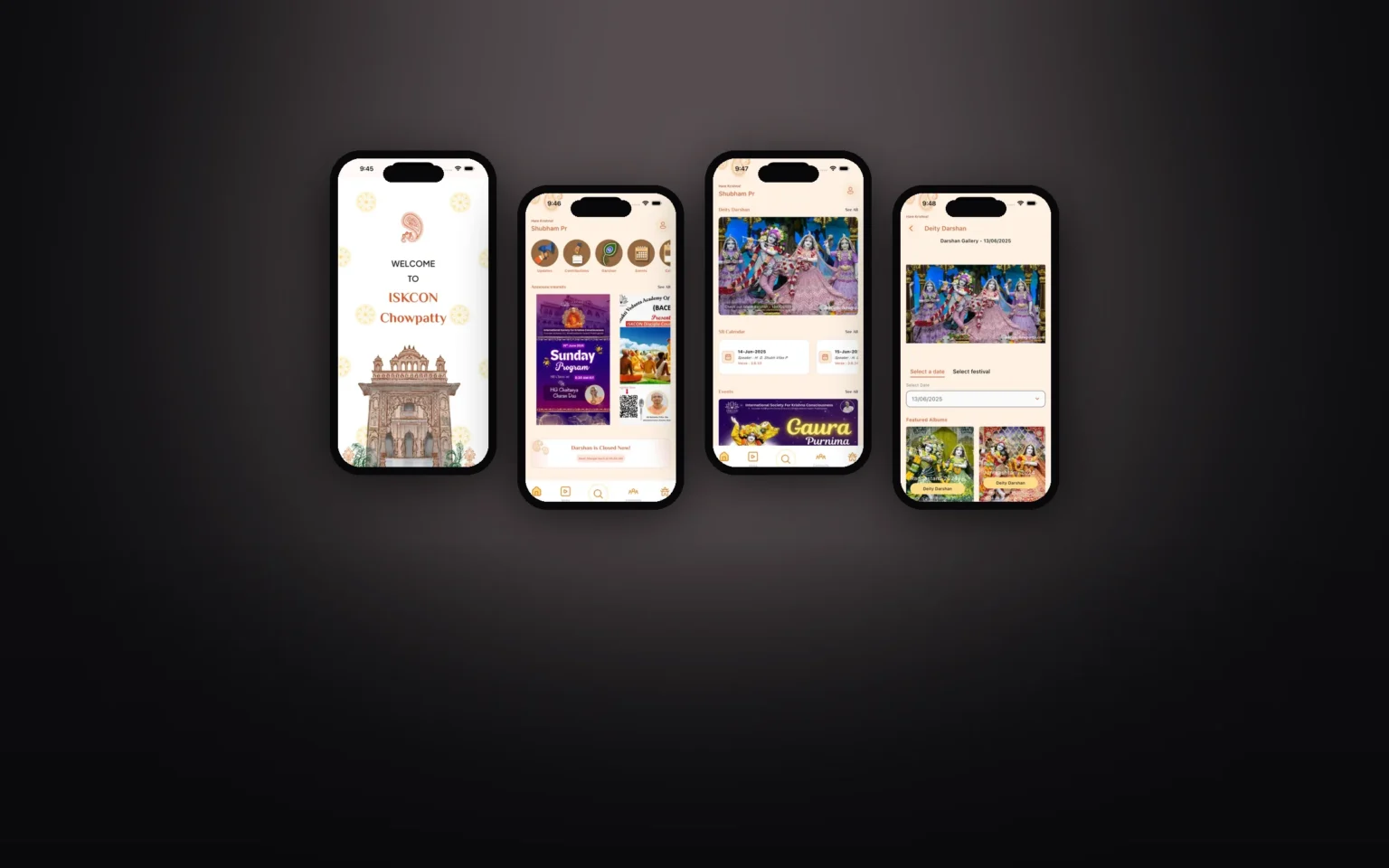 ISKCON Chowpatty app screens — app design by Siddham IT Solutions