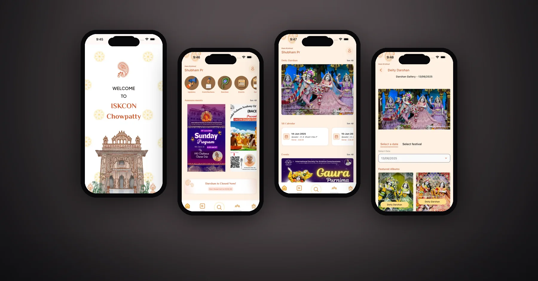 ISKCON Chowpatty app screens — app design by Siddham IT Solutions